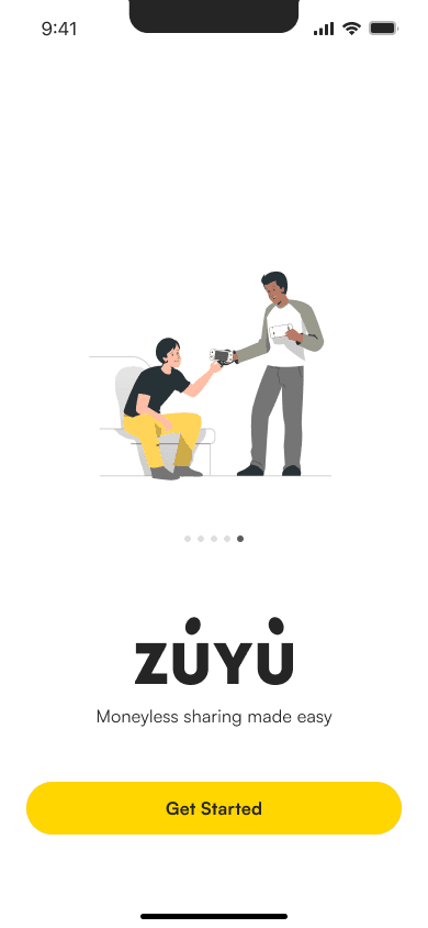 Zuyu onboarding screen introducing moneyless sharing