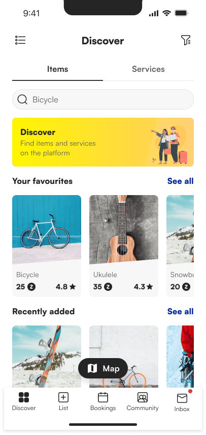 Zuyu discover screen showing favourites and recently added items
