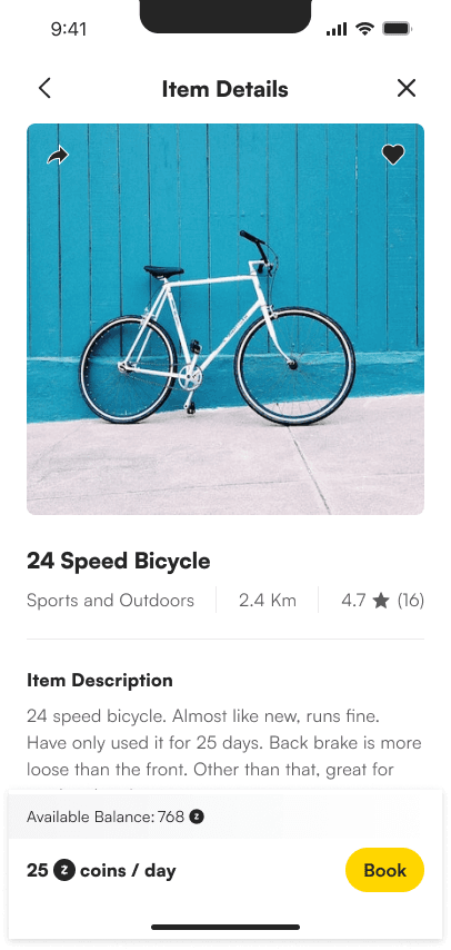 Zuyu item detail screen for a 24-speed bicycle with price and a Book action