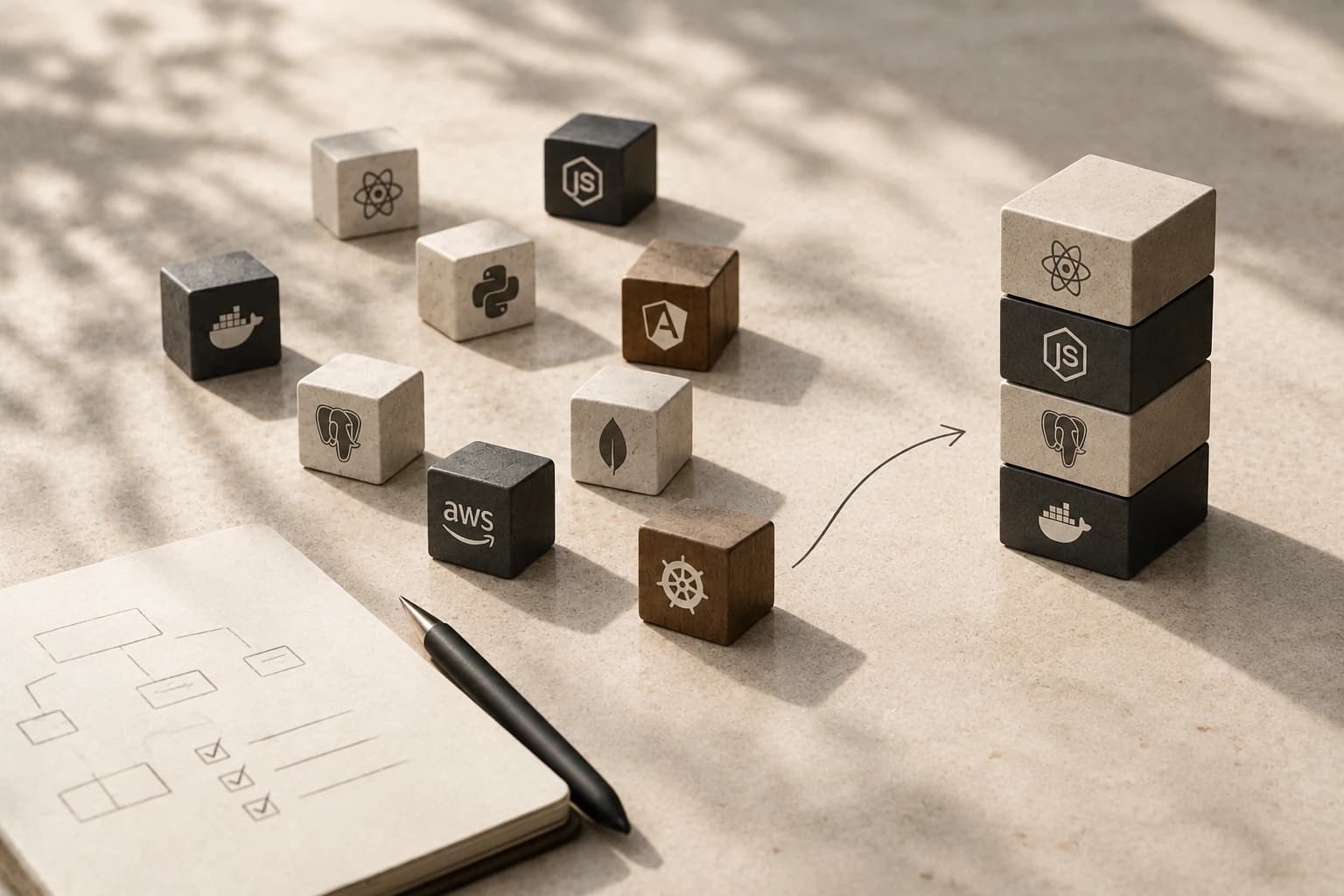 Wooden and stone blocks stamped with technology logos sit scattered beside a notebook sketch, with an arrow pointing to four of them stacked deliberately together