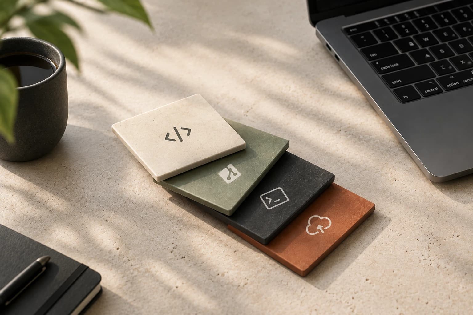 Four square tiles, each stamped with a developer-tool icon for code, version control, terminal, and cloud deployment, fanned out on a desk beside a notebook and laptop