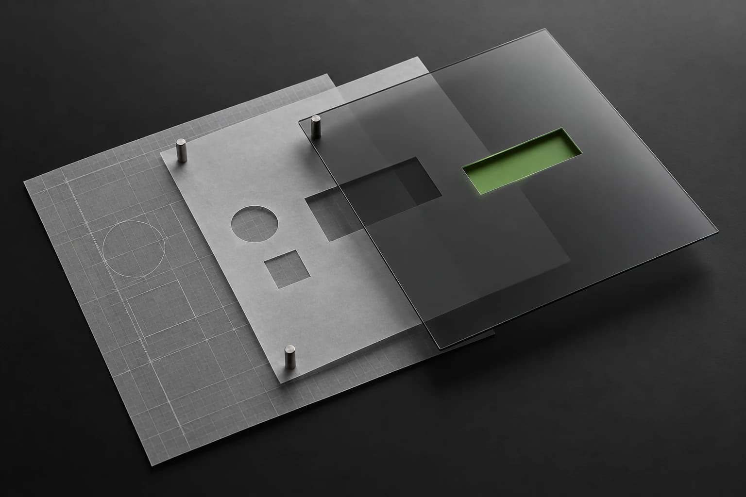 A gridded drawing sheet, cut-out structural template, and smoked glass face align around the same interface openings.
