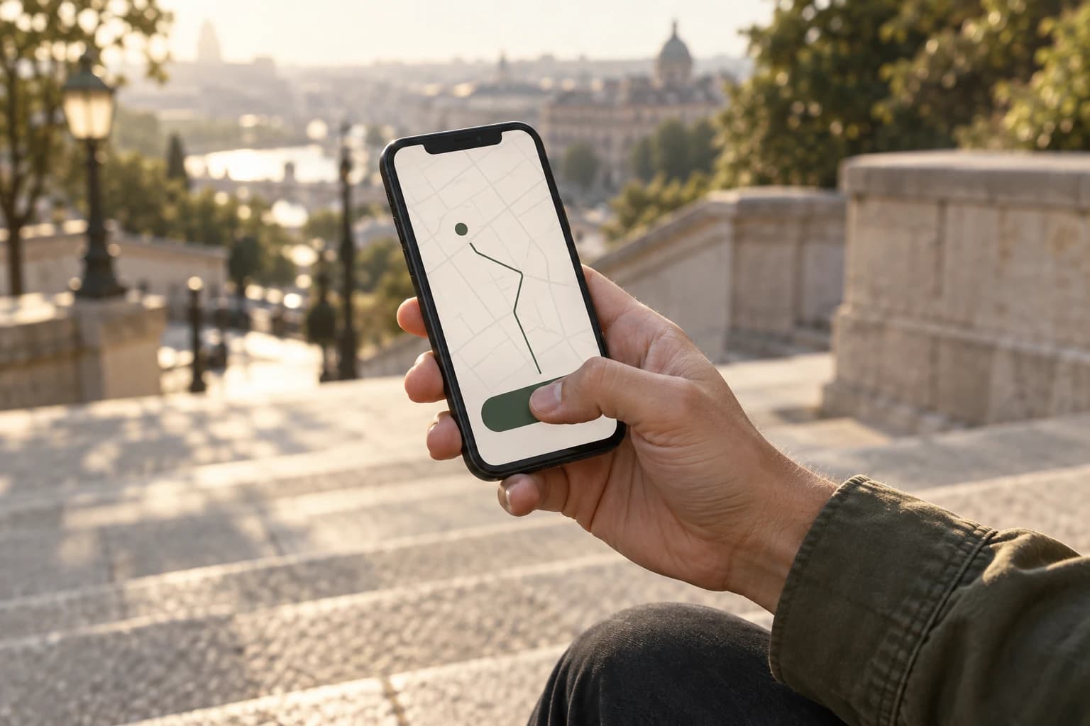 A hand holds a phone outdoors, with the thumb reaching a large action area below a simplified route illustration.