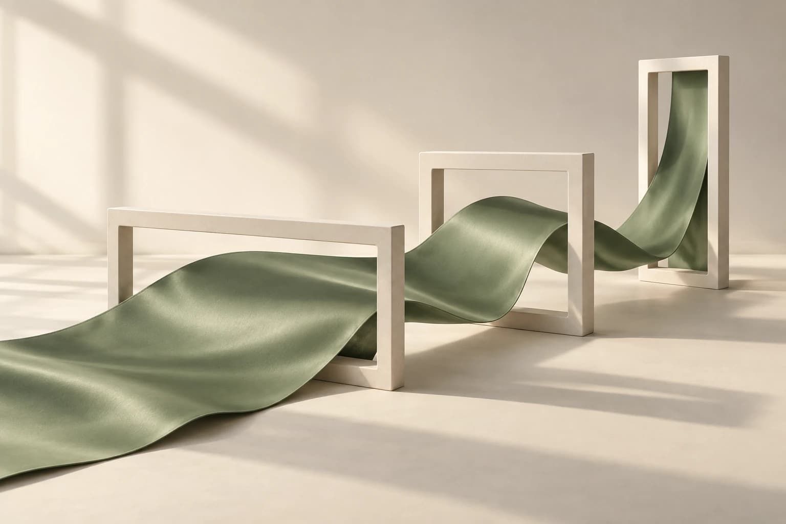 A sage ribbon passes through three ivory frames of different proportions in soft daylight.