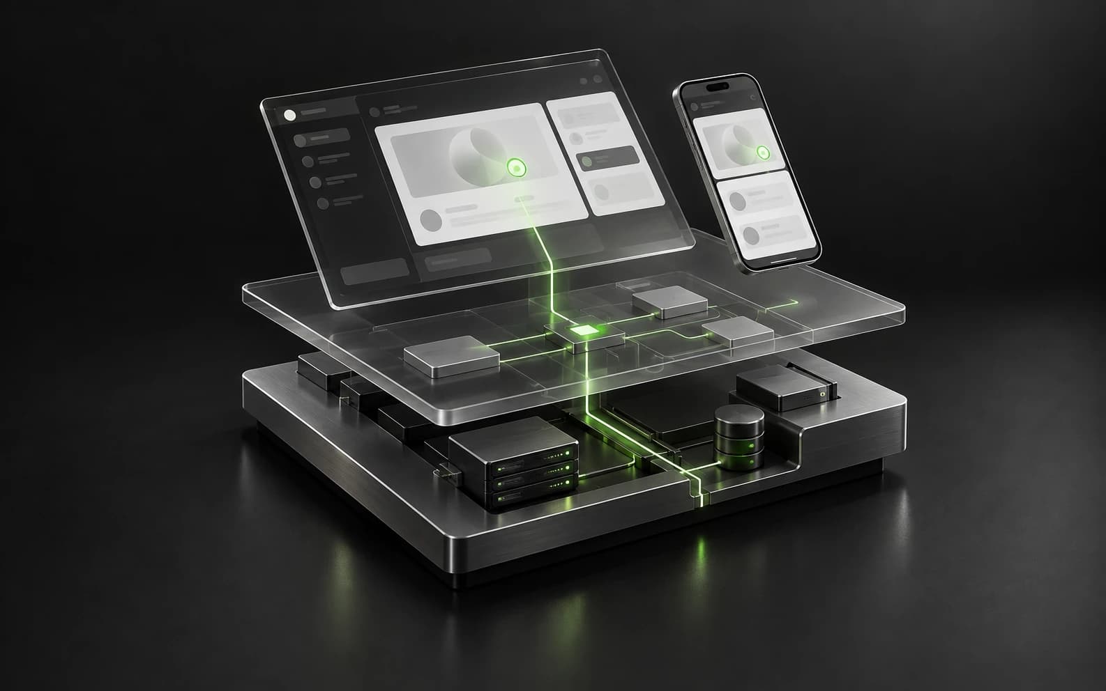 A web interface and mobile interface connect through application logic to data and infrastructure below